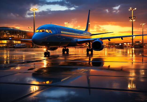 an airport with an airplane in the background