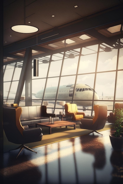 Airport with sofa armchairs and plane outside window created using generative ai technology