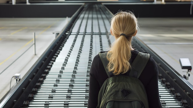 Photo airport woes woman with backpack scans empty baggage carousel for her belongings