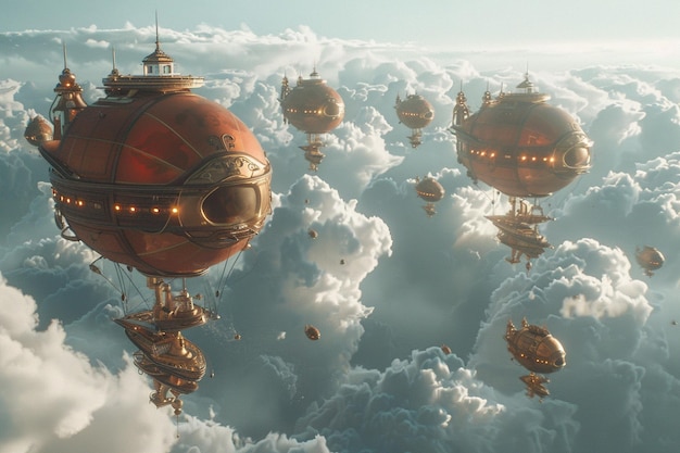 Airship fleet navigating through a steampunk sky w