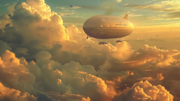 Воздушный корабль летит над облаками небо оранжевое и облака белые воздушный корабль коричневый и с флагом на вершине