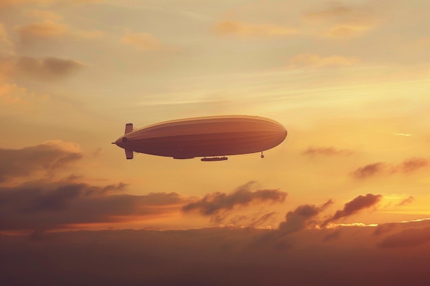 an airship flying in the sky at sunset