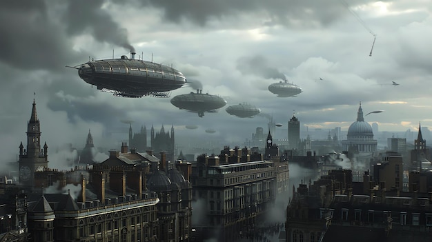 Photo airships over an industrial city