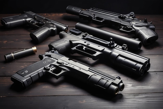 Airsoft guns on the black wooden