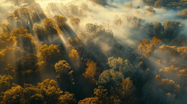 Photo airview light and shadows in mist first rays of sun through fog and trees morning autumn landscape