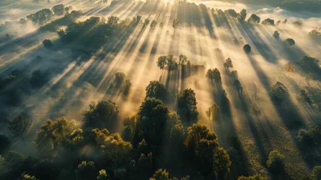 Photo airview light and shadows in mist first rays of sun through fog and trees morning autumn landscape