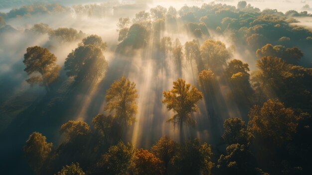 Photo airview light and shadows in mist first rays of sun through fog and trees