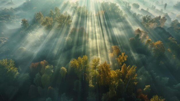 Photo airview light and shadows in mist first rays of sun through fog and trees