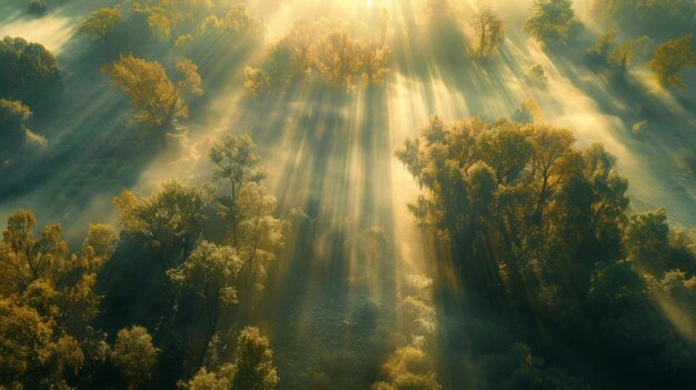 Photo airview light and shadows in mist first rays of sun through fog and trees