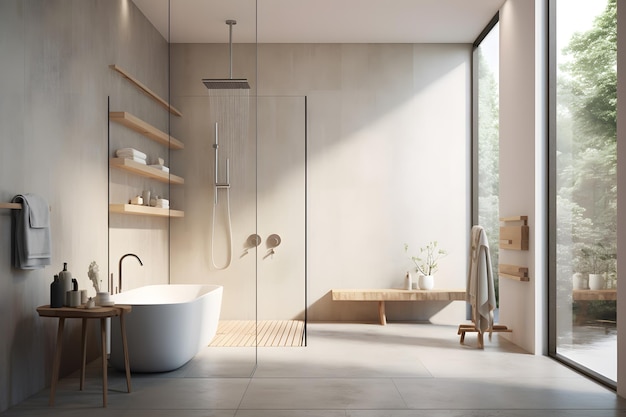 An airy bathroom with a wallmounted adjustable rainfall