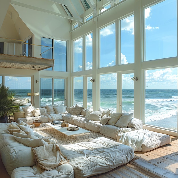 Photo airy beach house living room with white furniture and ocean viewssuper detailed