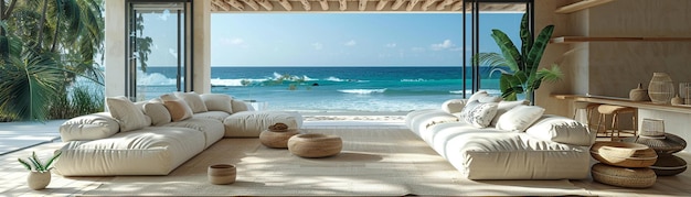 Foto salotto di una casa sulla spiaggia con mobili bianchi e vista sull'oceano super dettagliato