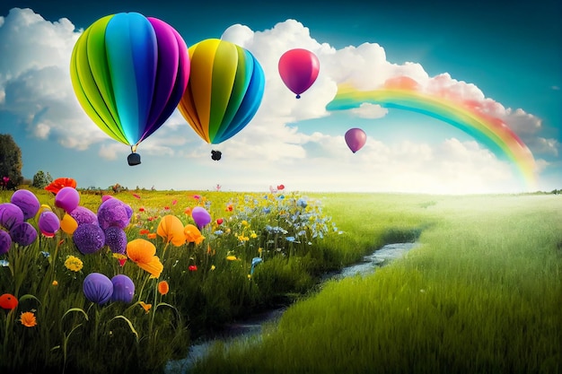 Airy colorful balloons on the background of a flower meadow with a rainbow illustration Generative AI