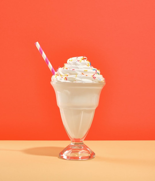 Airy creamy sweet milk shake with colorful sprinkles in a glass with a straw confectionary design