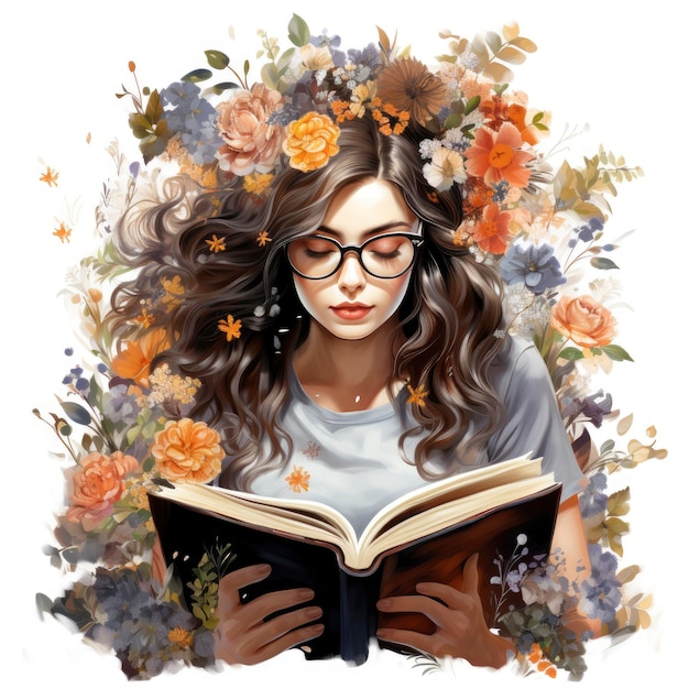 Airy floral reading girl clipart whimsical fantasy flower art on a white background stylize 750 v 52 Job ID c949932a4e704a13aa170e715a79eb68