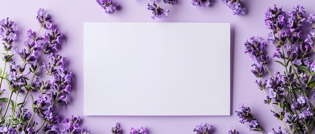 Photo over an airy purple setting a white blank stationery card encompassing hyacinth blooms encircling it lovely blooms for special and space generative ai