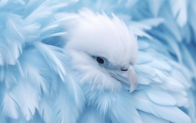 Photo airy soft fluffy wing bird with white feathers closeup of macro pastel blue shades on white backgro