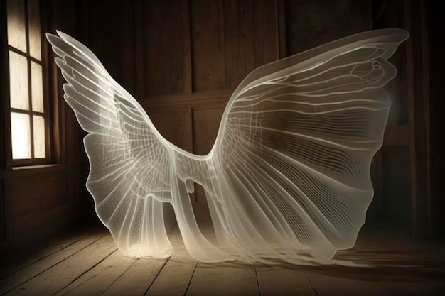 Airy transparent light fabric that looks like wings wood background