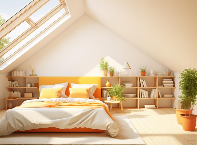 Airy and welllit bedroom with a bed shelves and plants