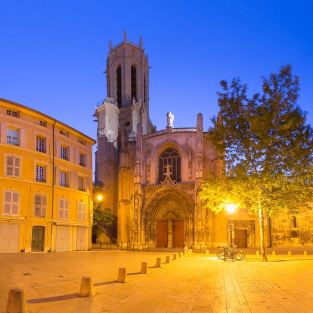 Aix Cathedral or Cathedral of the Holy Saviour of Aix-en-Provence at night, Provence, southern France