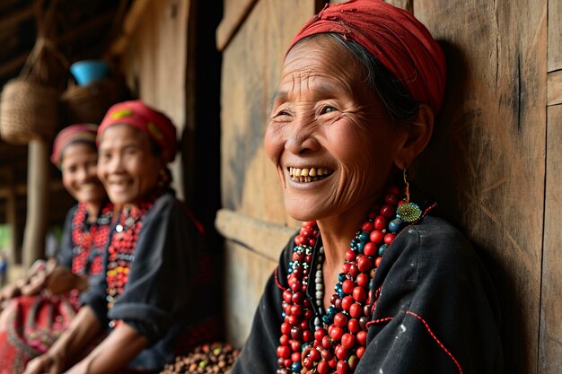 Akha women smiled and admired the coffee that was dried in the house