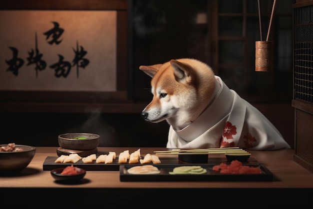 Akita-hond in Japanse kleren bij een sushibar Japans voedselconcept generatieve ai