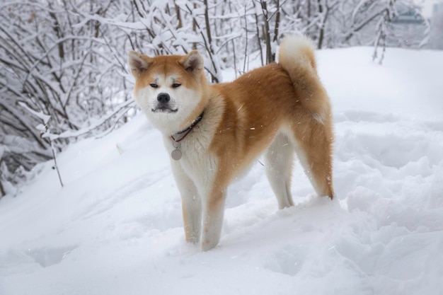 Il cane akita inu cammina nella foresta invernale