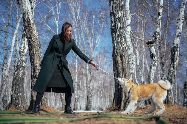 Akita inu dog with green leash plays with rope toy with woman in dark green coat