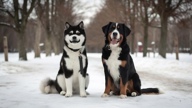 Akita-inu-hond en bernese-berghond zitten naast elkaar in een winterpark