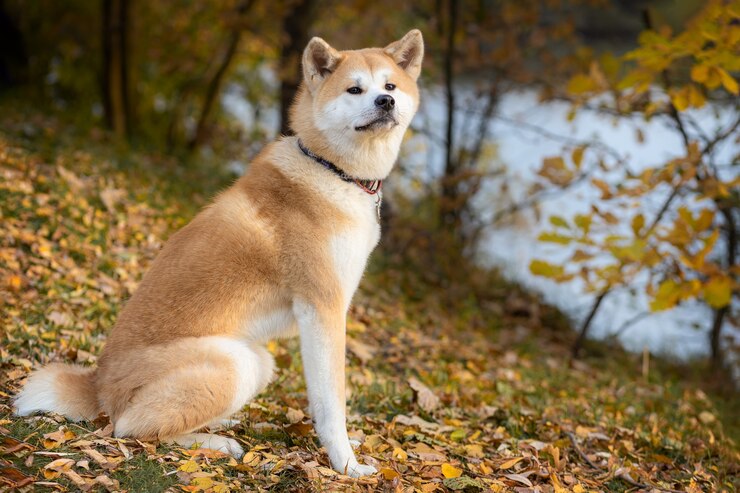Akita inu-hond in het herfstbos