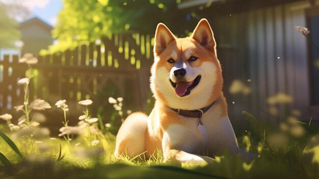 Photo akita inu sits on green grass on a sunny day