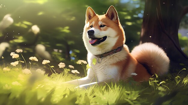 Akita Inu sits on green grass on a sunny day