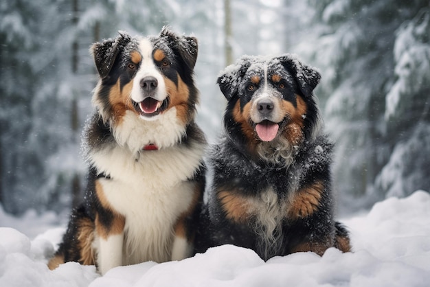 아키타이누 개와 베르네즈 마운틴 독이 겨울 공원에 나란히 앉아 있습니다.