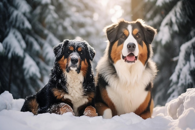 Photo akitainu dog and bernese mountain dog sit side by side in a winter park