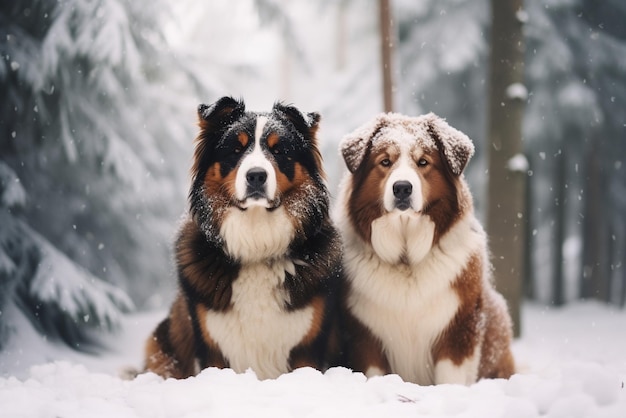 Akitainu-hond en Berner Sennenhond zitten zij aan zij in een winterpark