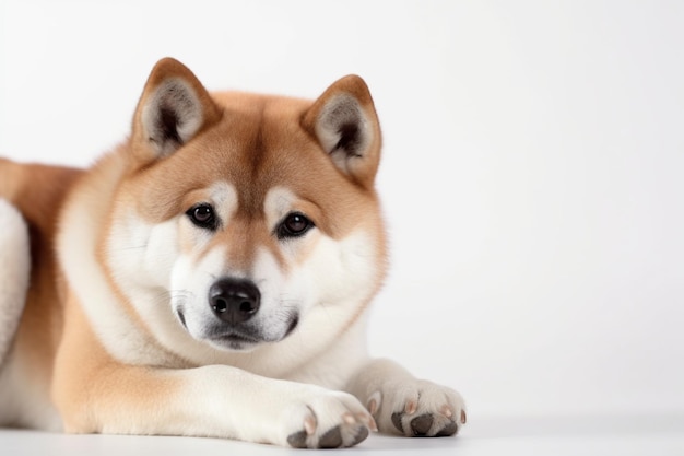 Akitainu jonge hond poseert schattig witbruin hondje of huisdier ligt en ziet er gelukkig uit geïsoleerd op witte achtergrond studio fotoshoot negatieve ruimte om uw tekst of afbeelding in te voegen