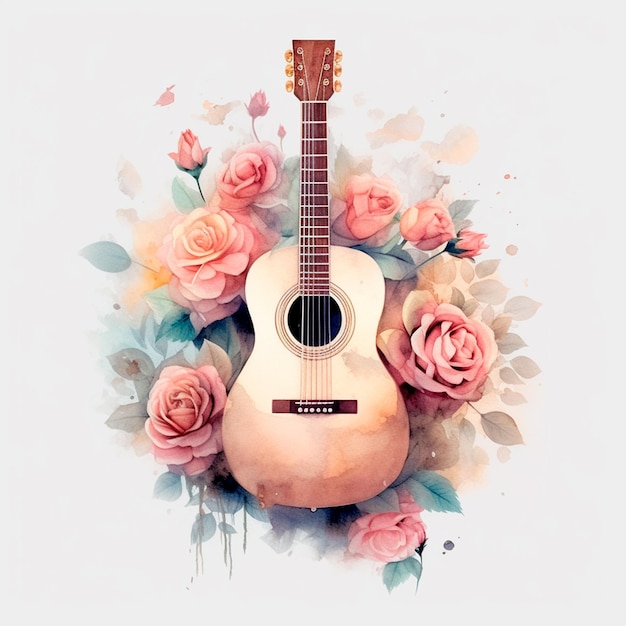 Akoestische gitaar met bloemen aquarel AI generatieve country muziekliefhebber geïsoleerde illustratie