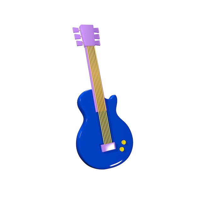 Akoestische klassieke gitaar met muzieknoot op roze achtergrond Blauwe cartoon gitaar met kopie ruimte 3D