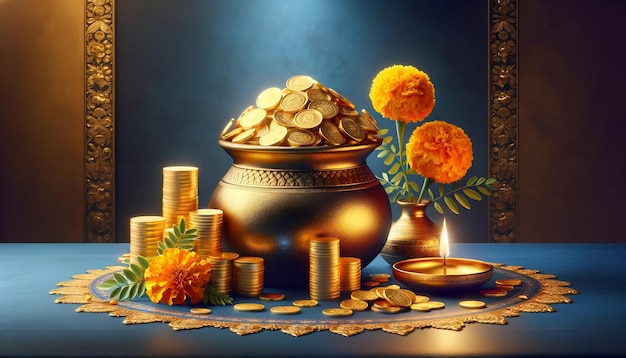 Akshaya tritiya achtergrond met een pot met gouden munten en decoratie
