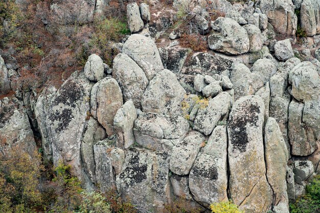 Aktovsky Canyon en herfstbomen en grote stenen rotsblokken rondom
