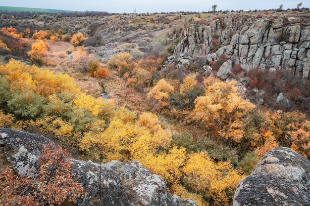 Aktovsky Canyon, Ukraine. Autumn trees and large stone boulders around