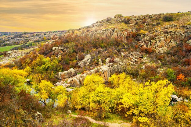 Aktovsky Canyon in Ukraine surrounded large stone boulders