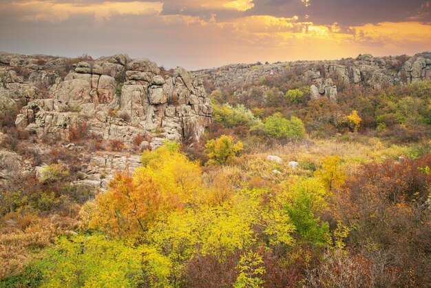 우크라이나의 Aktovsky Canyon은 큰 돌로 둘러싸여 있습니다.