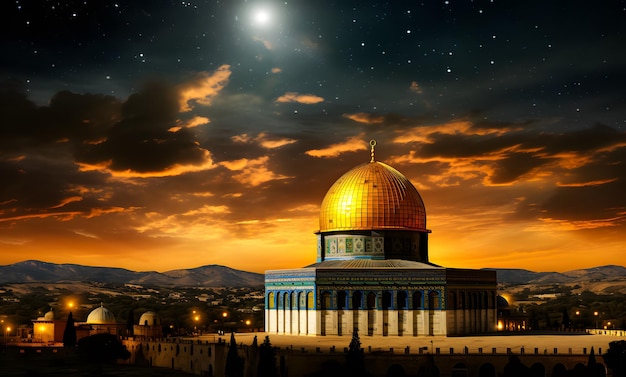 Al Aqsa Mosque or Dome of the Rock in Jerusalem in the night isra miraj Ramadan Kareem background