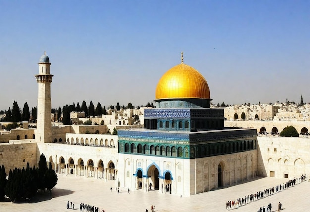 Al aqsa Mosque with a gold dome and a blue and white mosque in the background