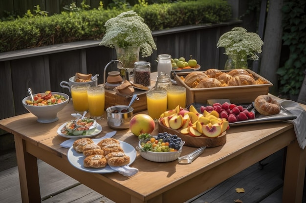 Al fresco brunch with fresh fruit pastries and coffee created with generative ai