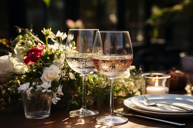 _Al Fresco elegantie wijnglazen op een gedekte tafel met buitenbloemen_