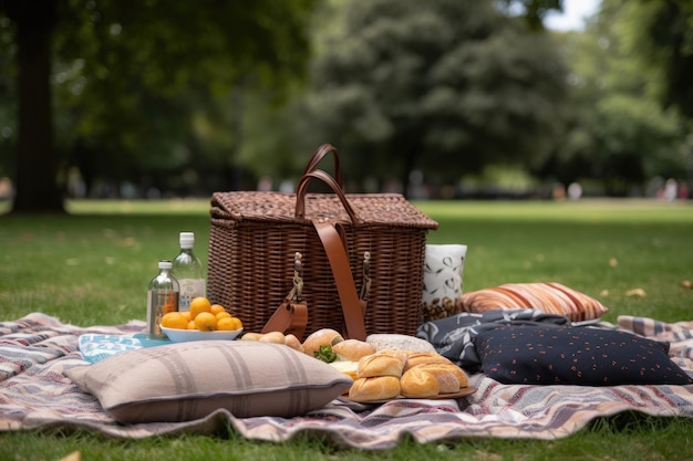 Al fresco lunch in the park with a bagged picnic and blanket created with generative ai