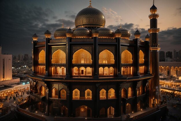 Foto al maghfirah moskee in de vae met zijn koepels en torens onder de heldere hemel