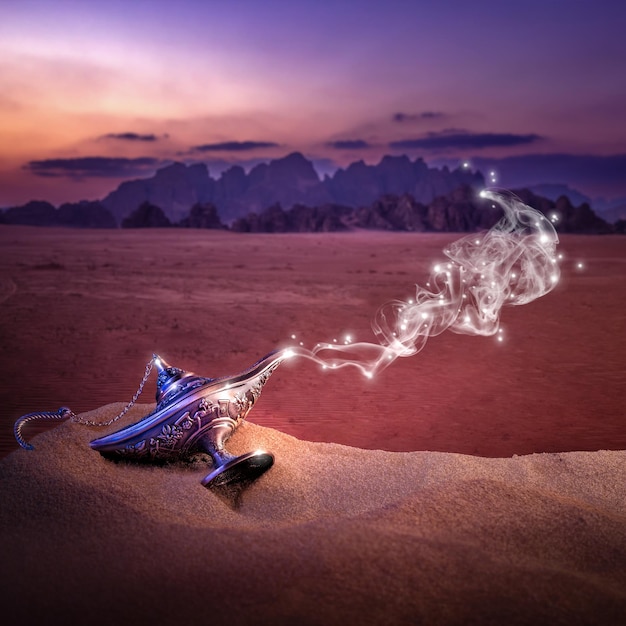 Aladdin's lamp in the sand with mystical smoke and desert background